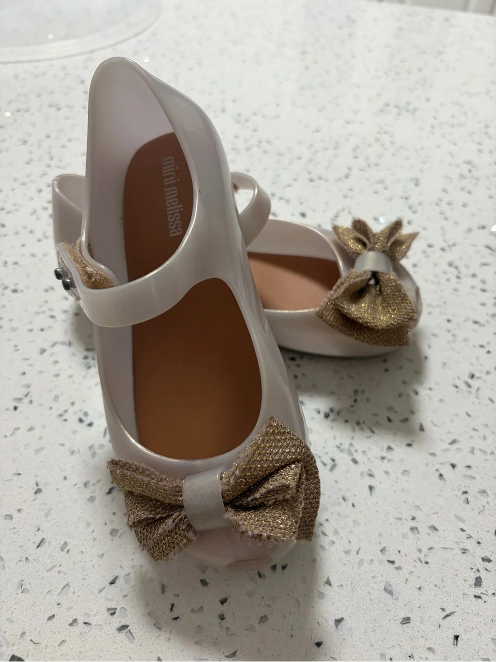 Mini Melissa Cream Mary Jane Shoes with Gold Bow Accent